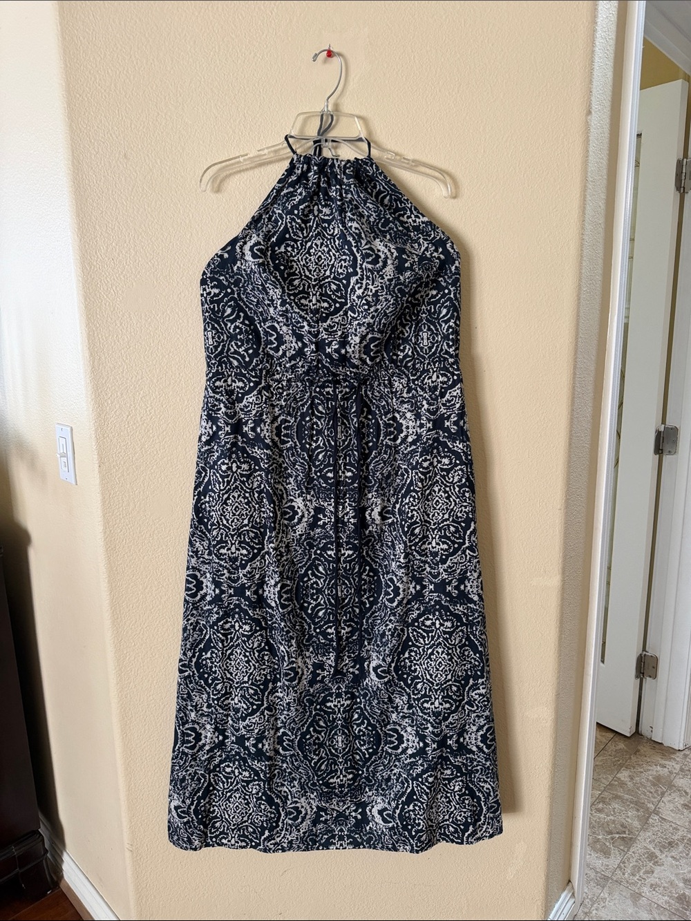 DKNY Navy and White One-Shoulder Printed Maxi Dress